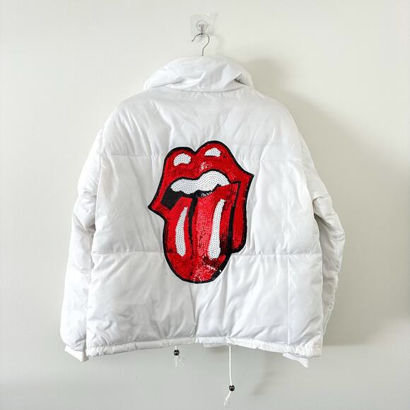 Hipchik Couture Zip Up Sequin Tongue Puffer Jacket White L - Picture 2 of 10